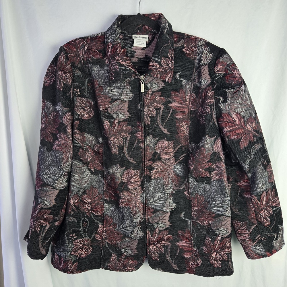 Vintage Bonworth Woven Tapestry Leaf Print Zip Up‎ Blazer Jacket Womens XL
